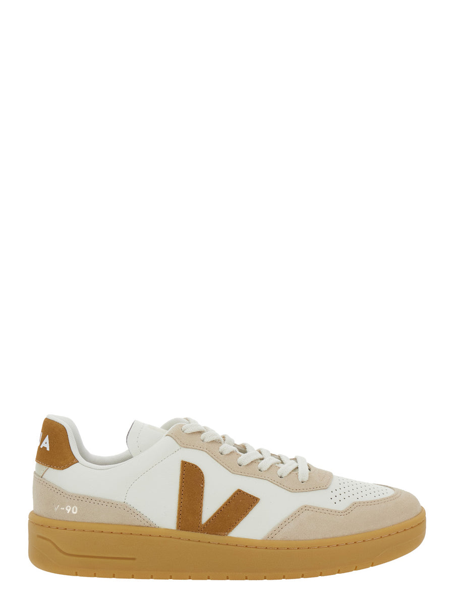 Beige Sneaker With Side Logo And Perforated Toe Leather Trainers