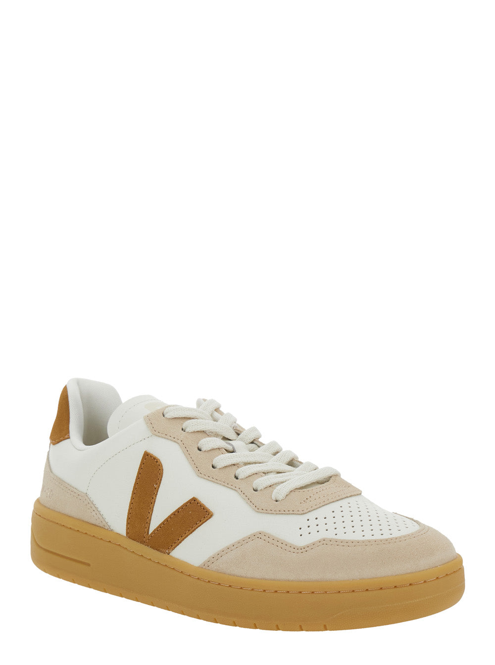 V90 Beige Sneaker With Side Logo And Perforated Toe Leather Unisex