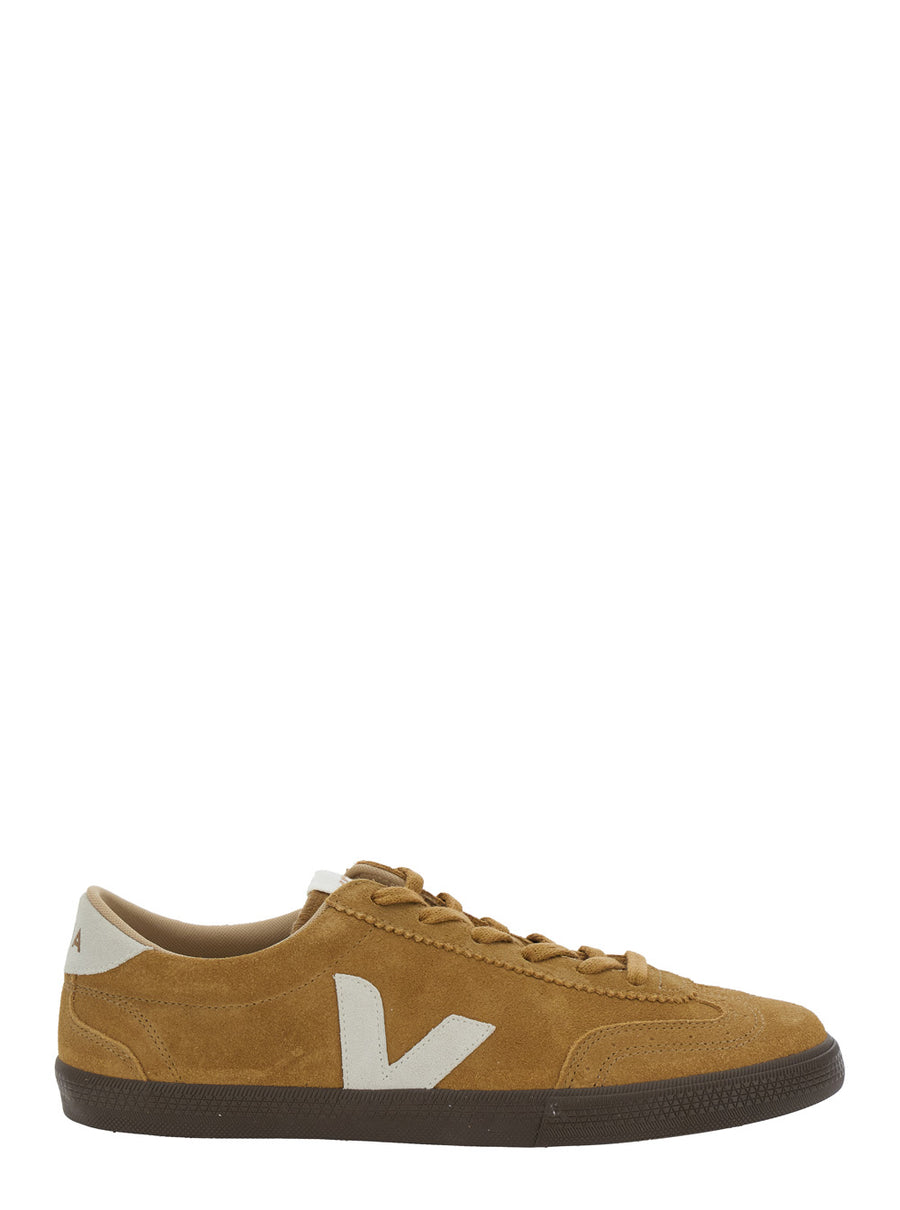 Beige Low Top Sneakers With Logo Patch Suede Trainers