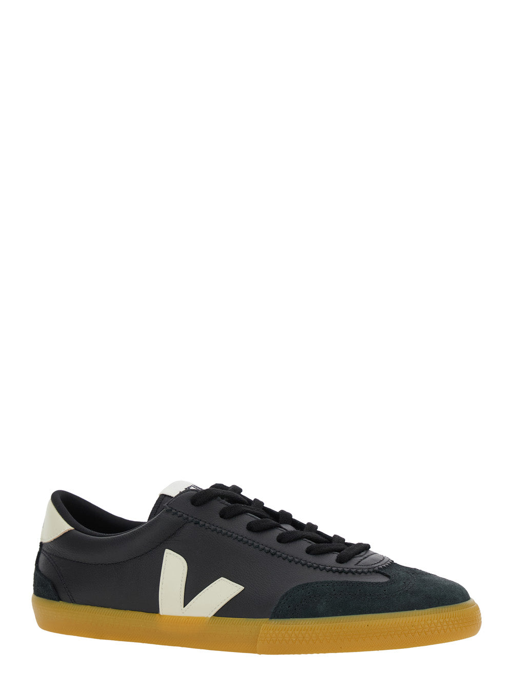Volley Black Sneakers with Side Logo and Lettering on the Heel in Organic Cotton Unisex Leather