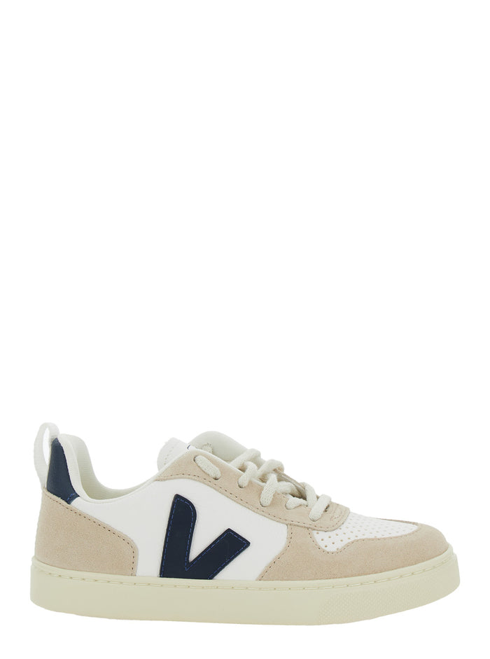 V-10 Sneaker With Suede Inserts in Faux Leather Boy White