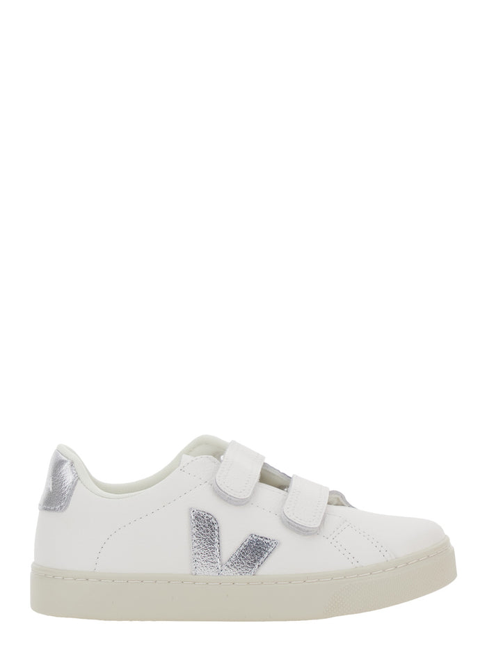 Esplar White Low Top Sneakers with Touch-Strap Closure on the Front and Laminated Heel Logo Lettering in Leather Boy