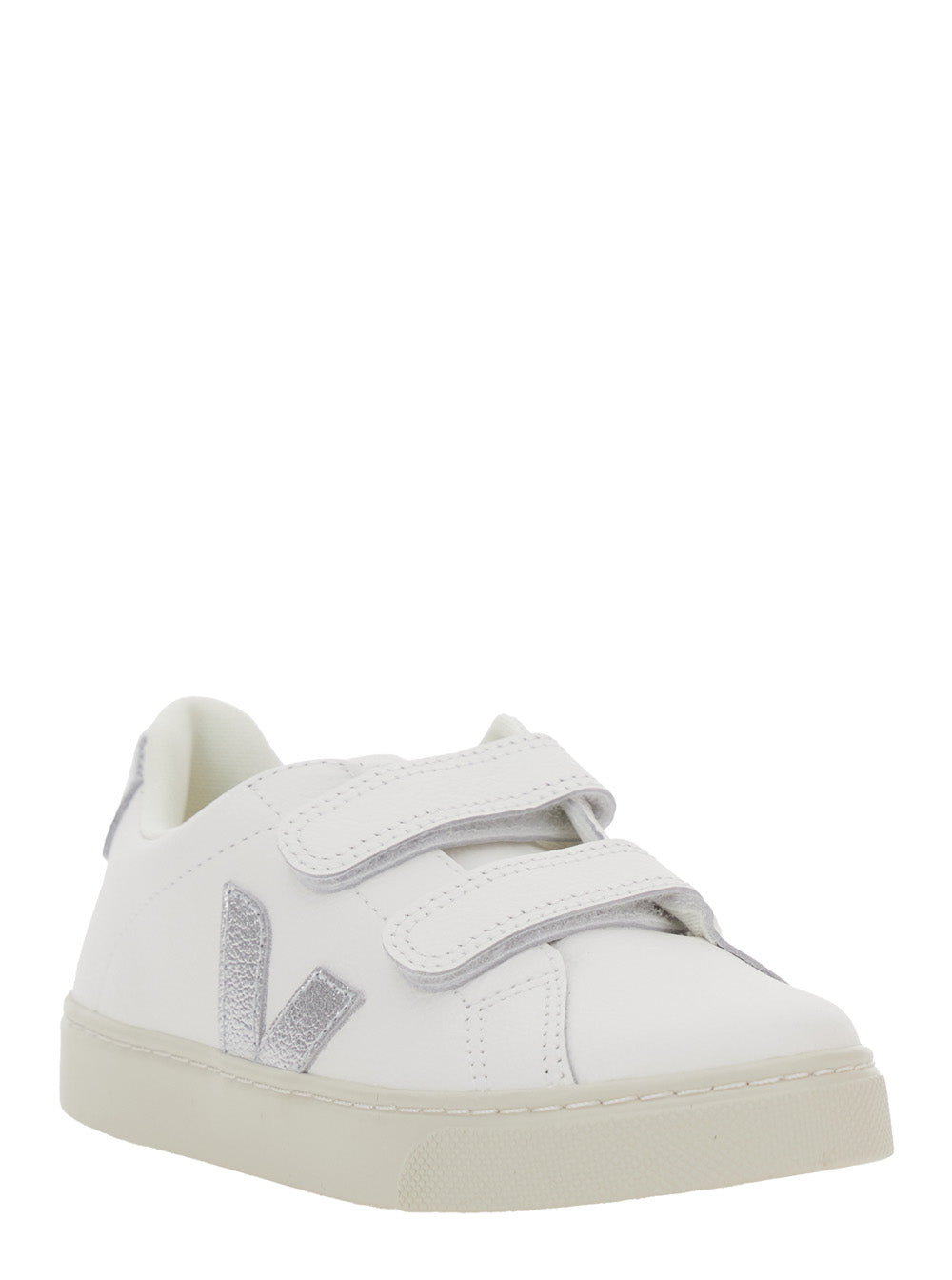 Esplar White Low Top Sneakers with Touch-Strap Closure on the Front and Laminated Heel Logo Lettering in Leather Boy