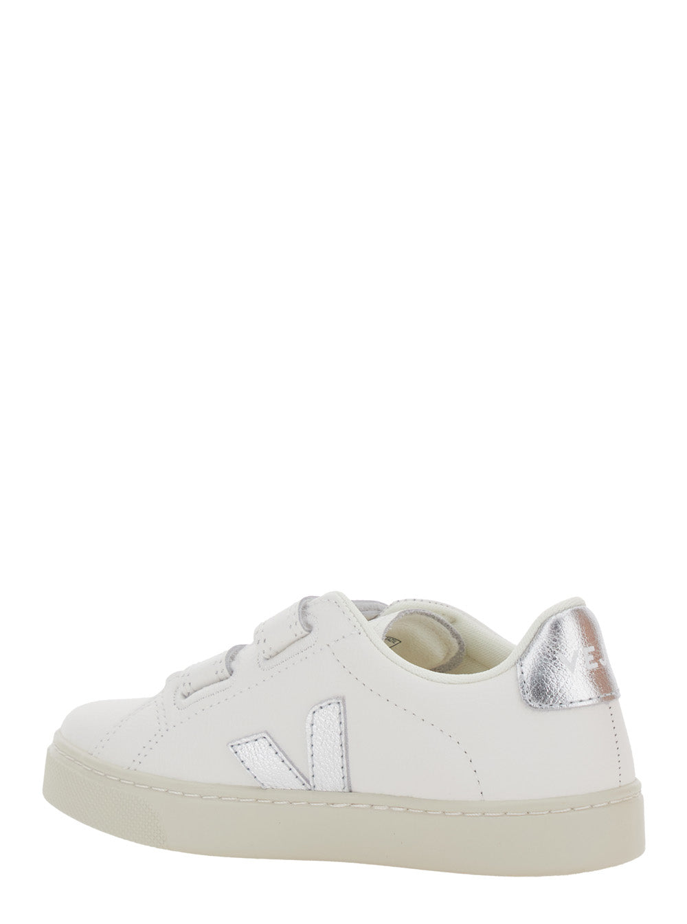 Esplar White Low Top Sneakers with Touch-Strap Closure on the Front and Laminated Heel Logo Lettering in Leather Boy
