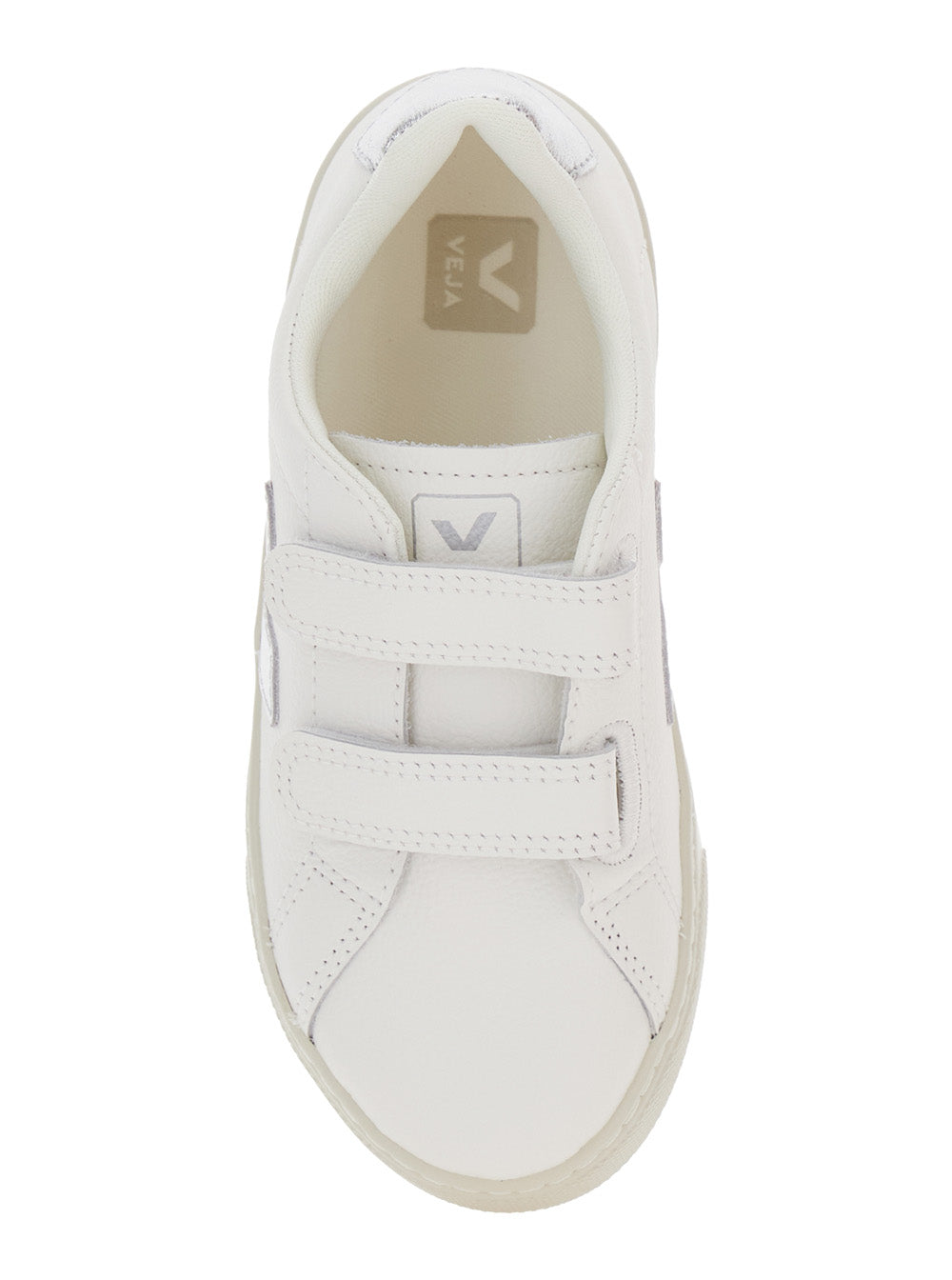 Esplar White Low Top Sneakers with Touch-Strap Closure on the Front and Laminated Heel Logo Lettering in Leather Boy