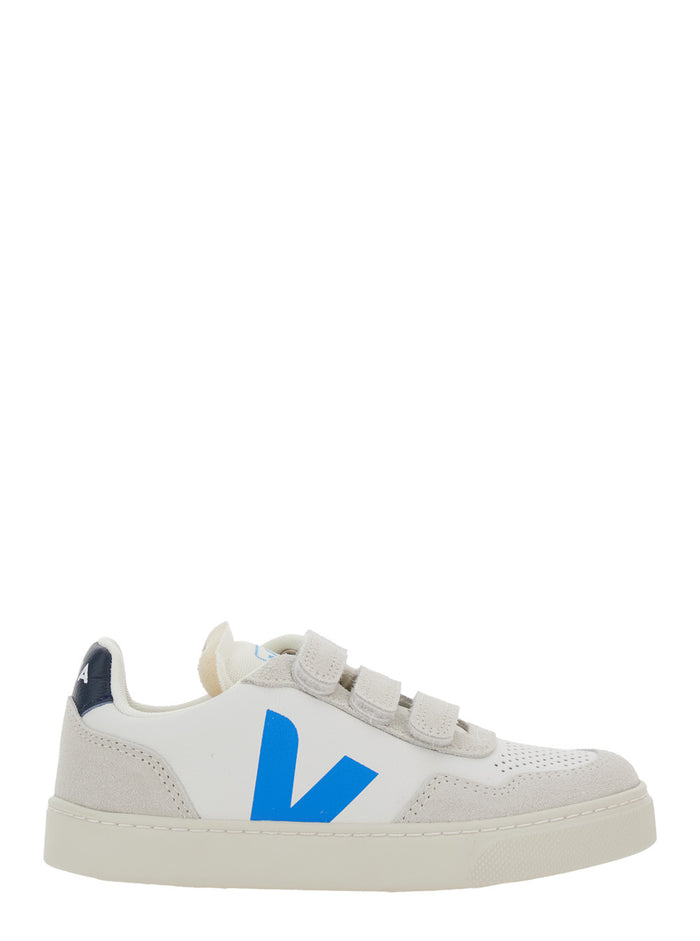 V-90 White Low Top Sneakers with Logo Patch on the Side and Contrasting Heel Lettering in Leather Boy