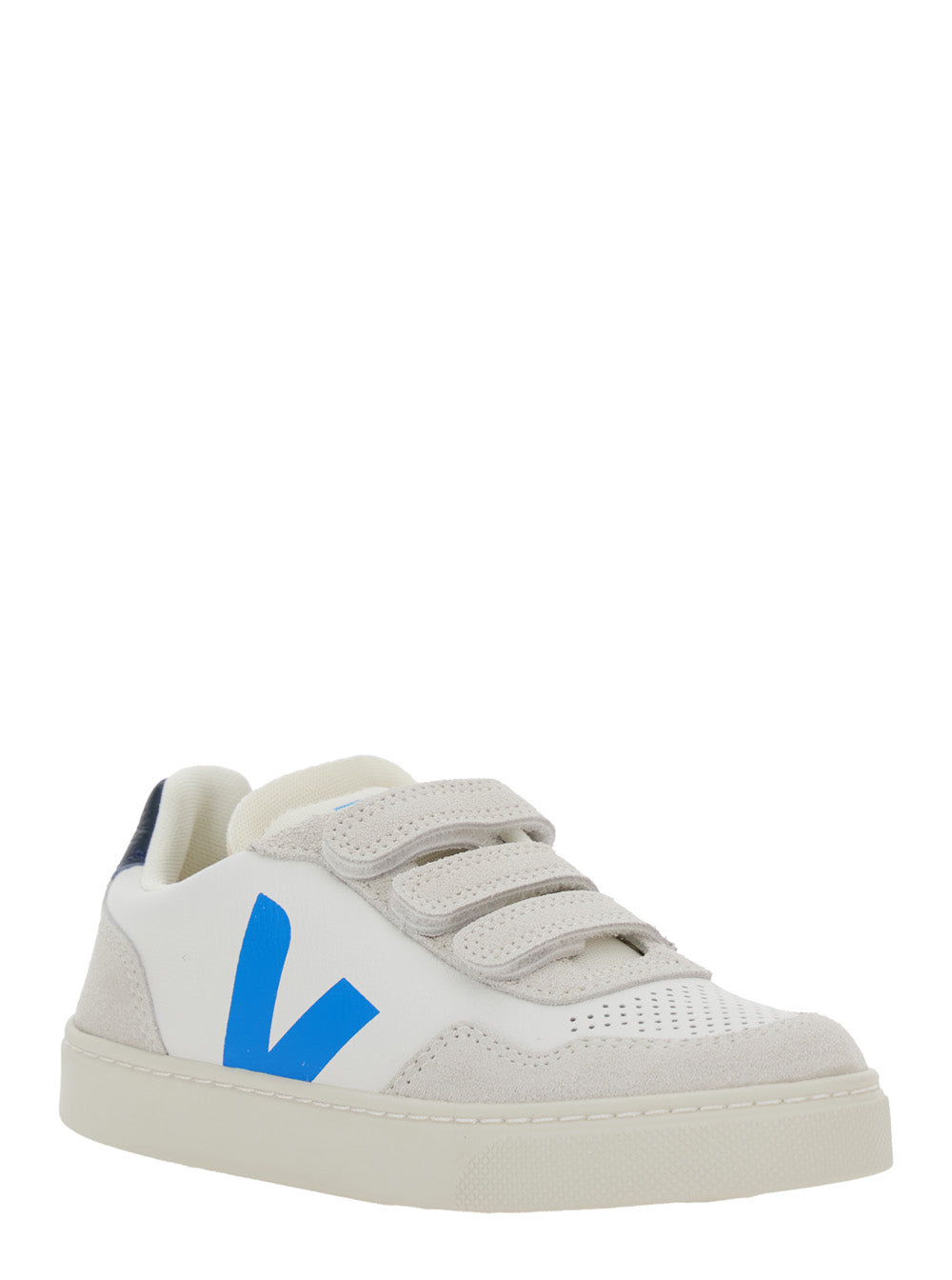 V-90 White Low Top Sneakers with Logo Patch on the Side and Contrasting Heel Lettering in Leather Boy