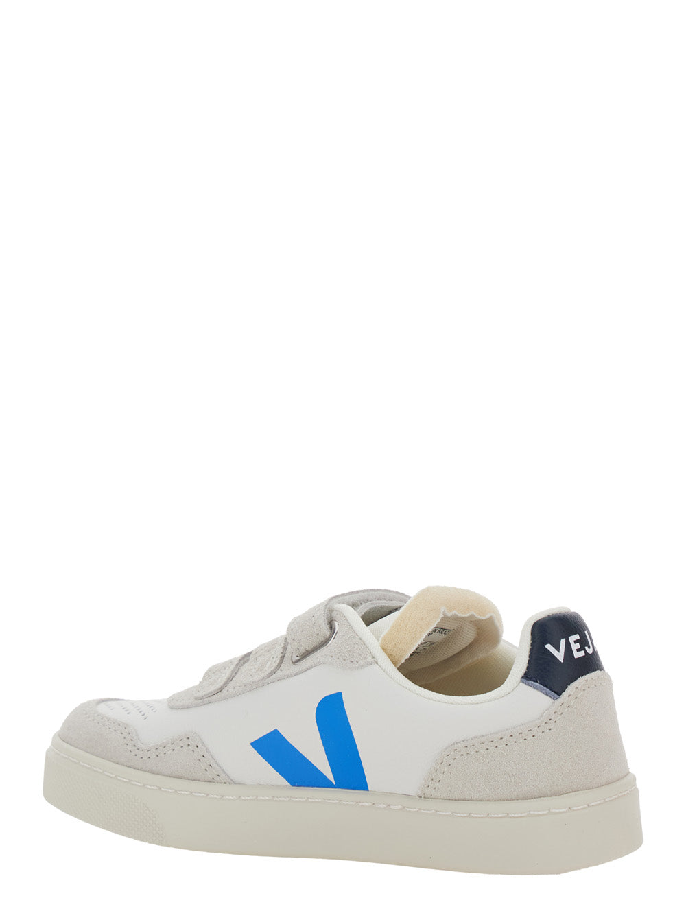 V-90 White Low Top Sneakers with Logo Patch on the Side and Contrasting Heel Lettering in Leather Boy
