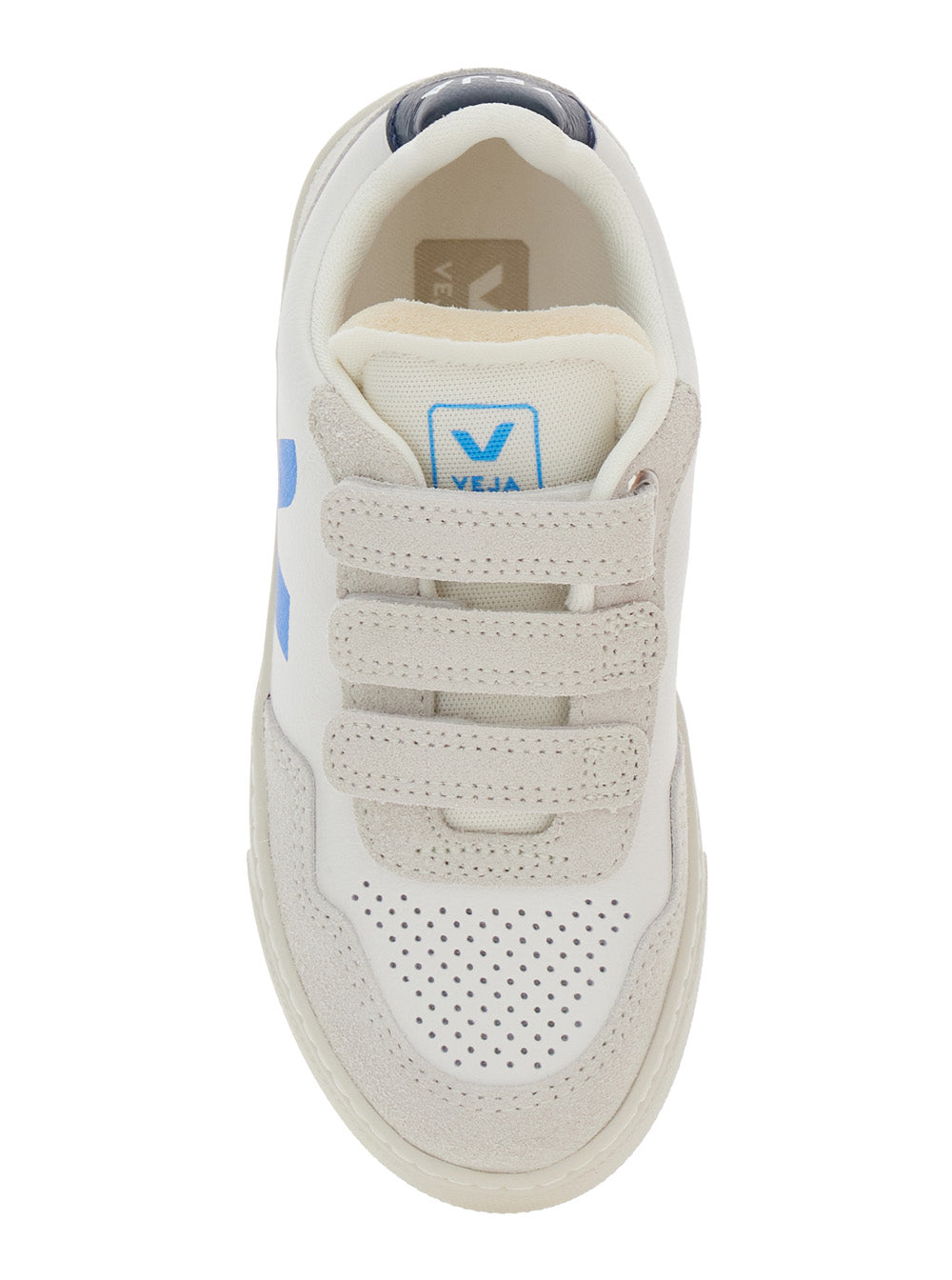 V-90 White Low Top Sneakers with Logo Patch on the Side and Contrasting Heel Lettering in Leather Boy