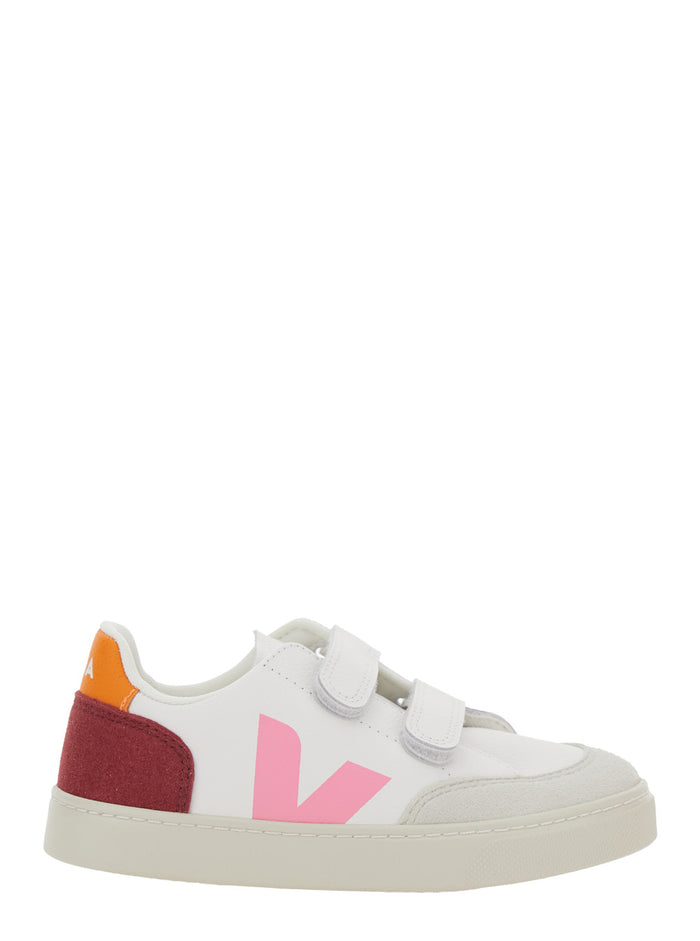 V-12 White Low Top Sneakers with Logo Patch on the Side and Contrasting Heel Lettering in Leather Girl