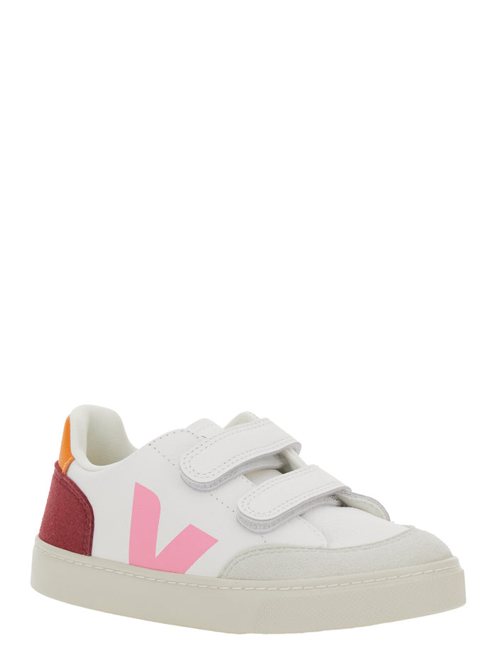 V-12 White Low Top Sneakers with Logo Patch on the Side and Contrasting Heel Lettering in Leather Girl