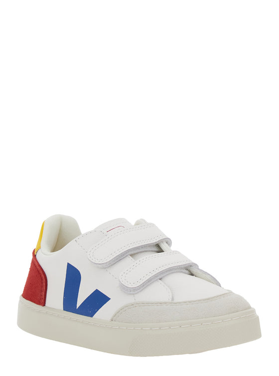 V-12 White Low Top Sneakers with Logo Patch on the Side and Contrasting Heel Lettering in Leather Boy