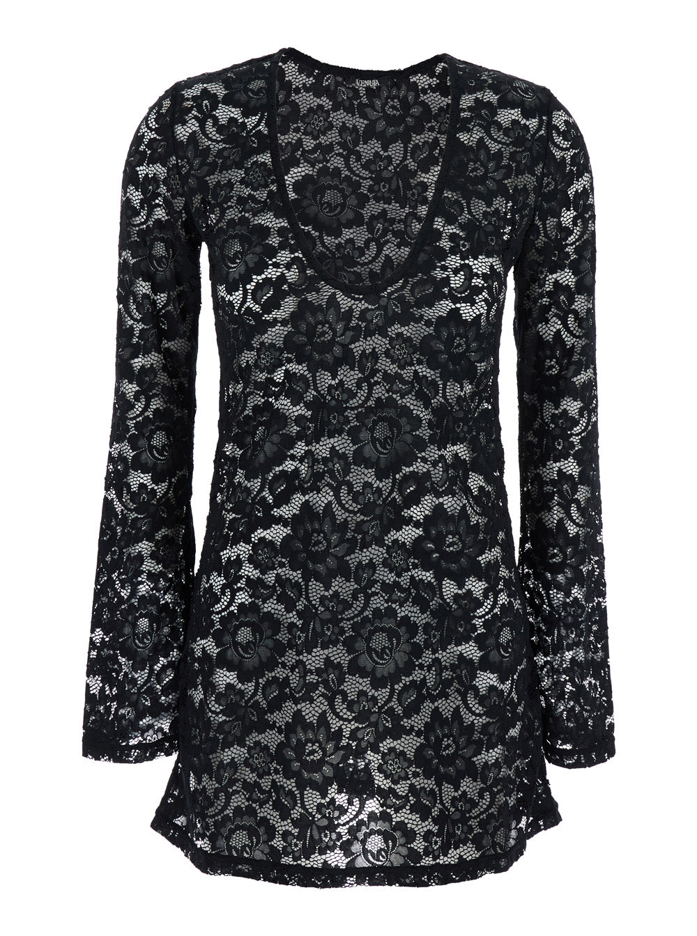 Bohemia Black Mini Dress With All-Over Lace Embroidery Tech Fabric Stretch Woman