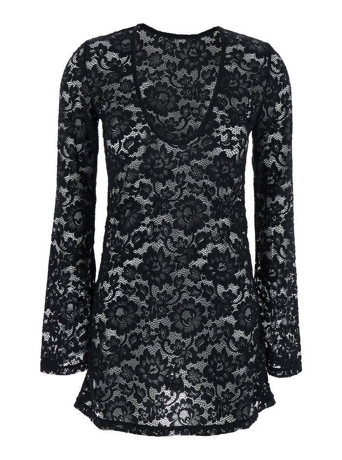 Bohemia Black Mini Dress With All-Over Lace Embroidery Tech Fabric Stretch Woman