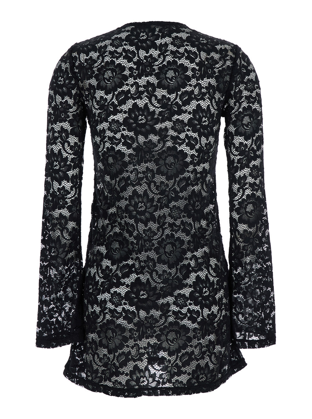 Bohemia Black Mini Dress With All-Over Lace Embroidery Tech Fabric Stretch Woman