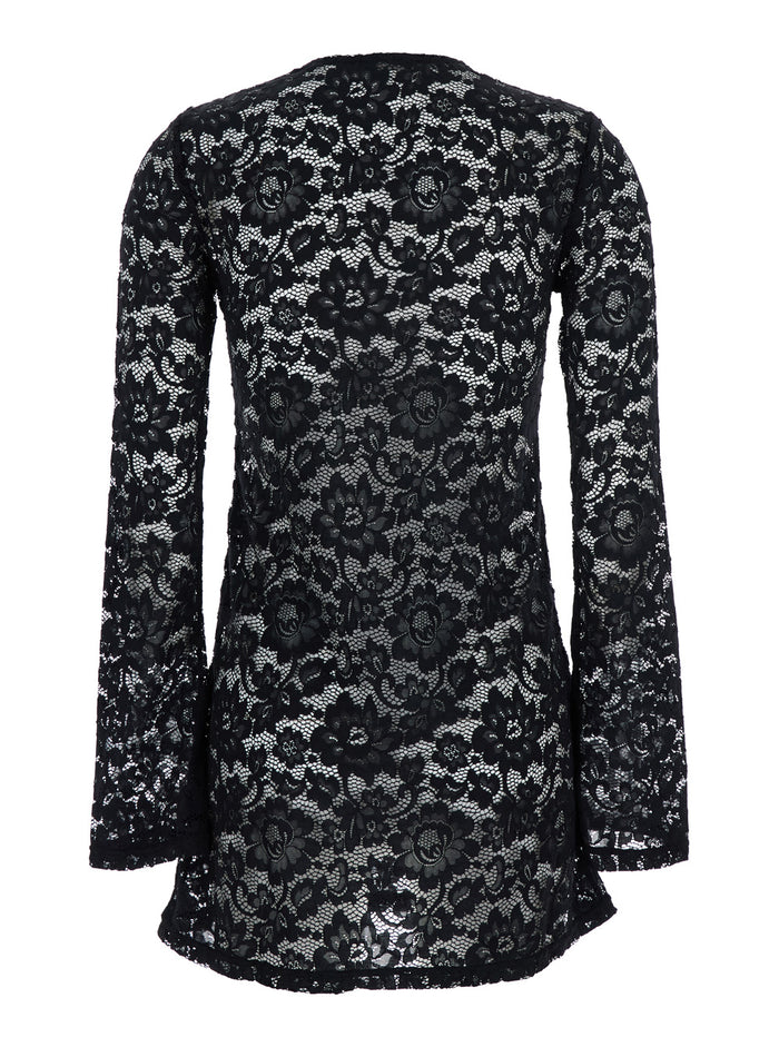 Bohemia Black Mini Dress With All-Over Lace Embroidery Tech Fabric Stretch Woman