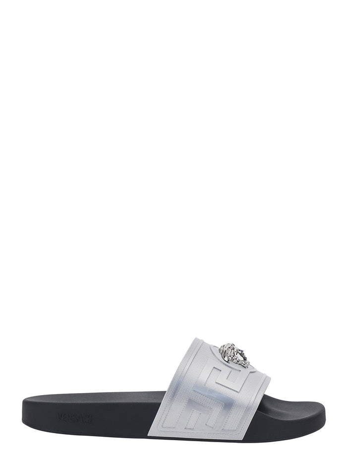 Metallic Sandals With Open Round Toe And Medusa Detail On The Front Tech Fabric Man Flat Shoes