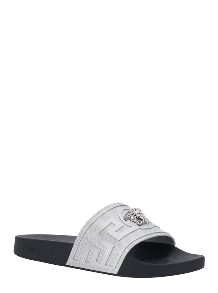 Metallic Sandals With Open Round Toe And Medusa Detail On The Front Tech Fabric Man Flat Shoes