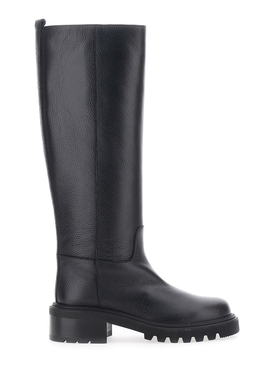 Black Knee-High Slip-On Boots Grained Leather Cow