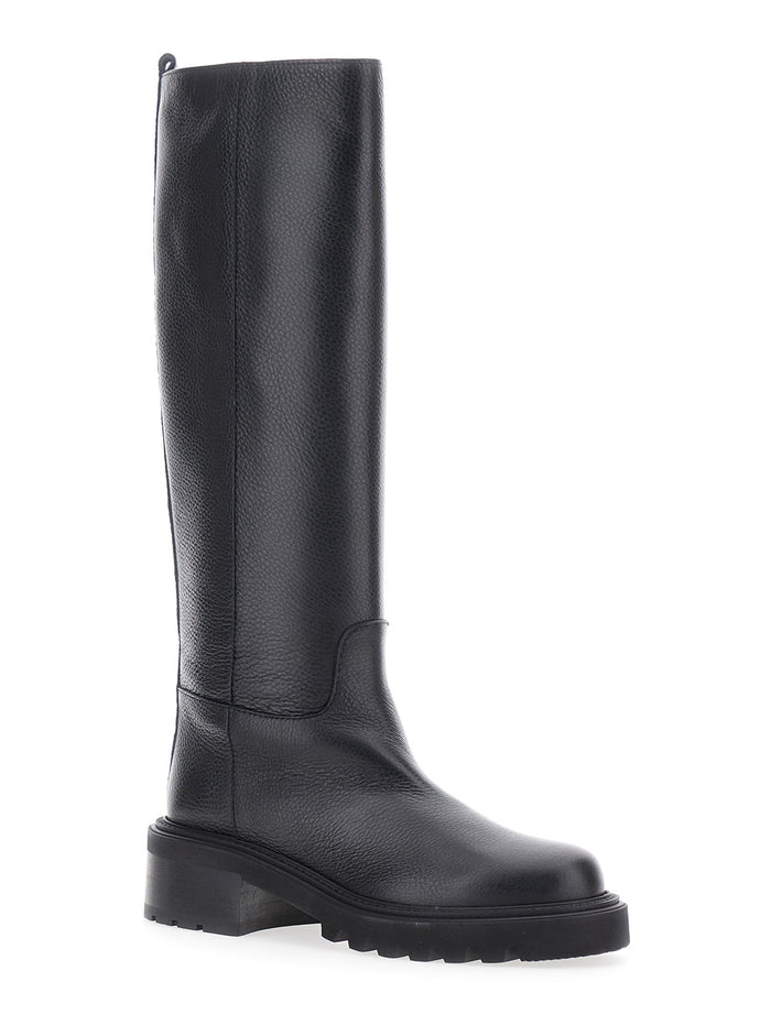 Black Knee-High Slip-On Boots in Grained Leather Woman Cow