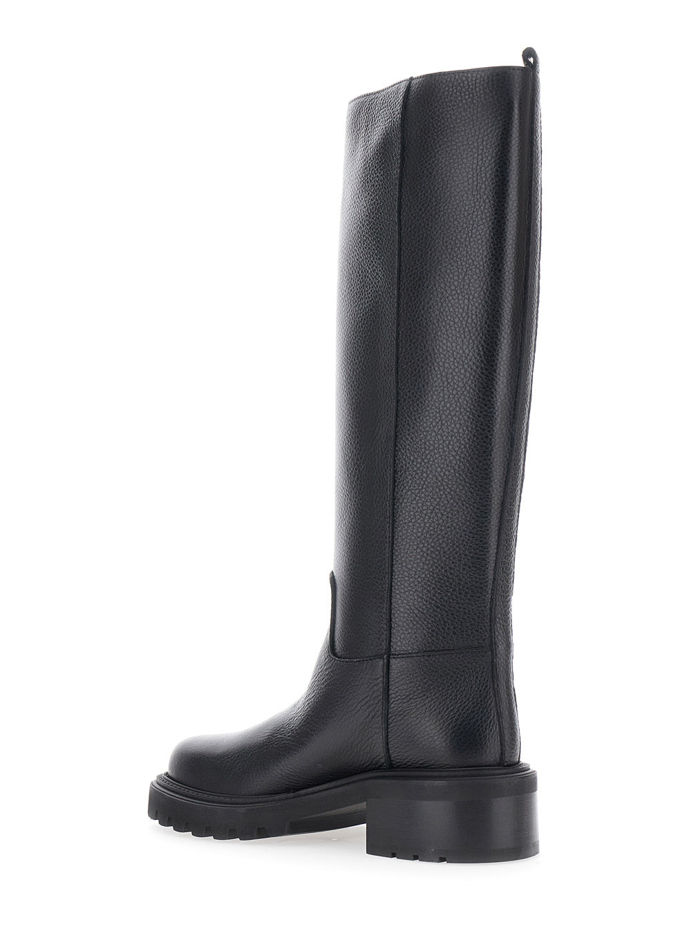 Black Knee-High Slip-On Boots in Grained Leather Woman Cow