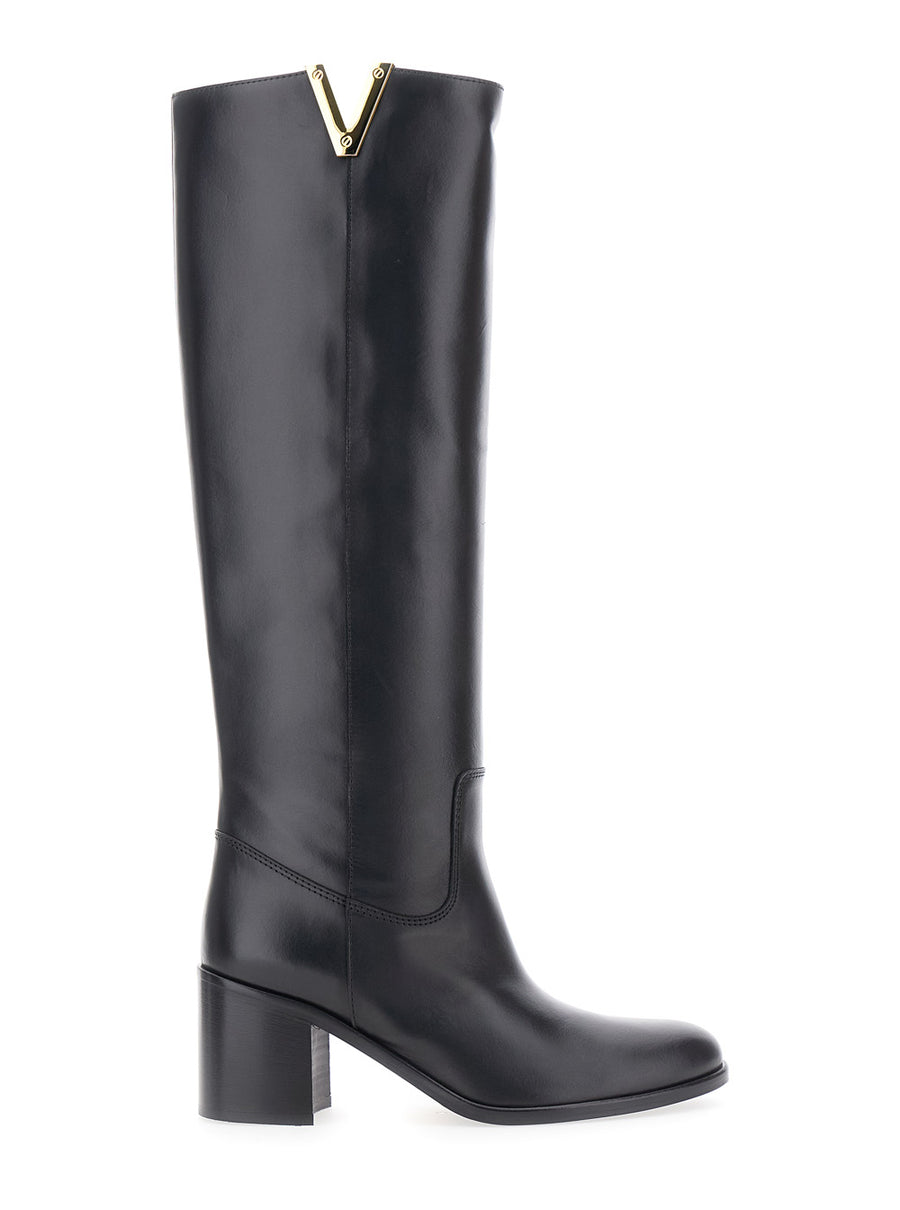 Black Knee-High Boots With Cut-Outs Cow
