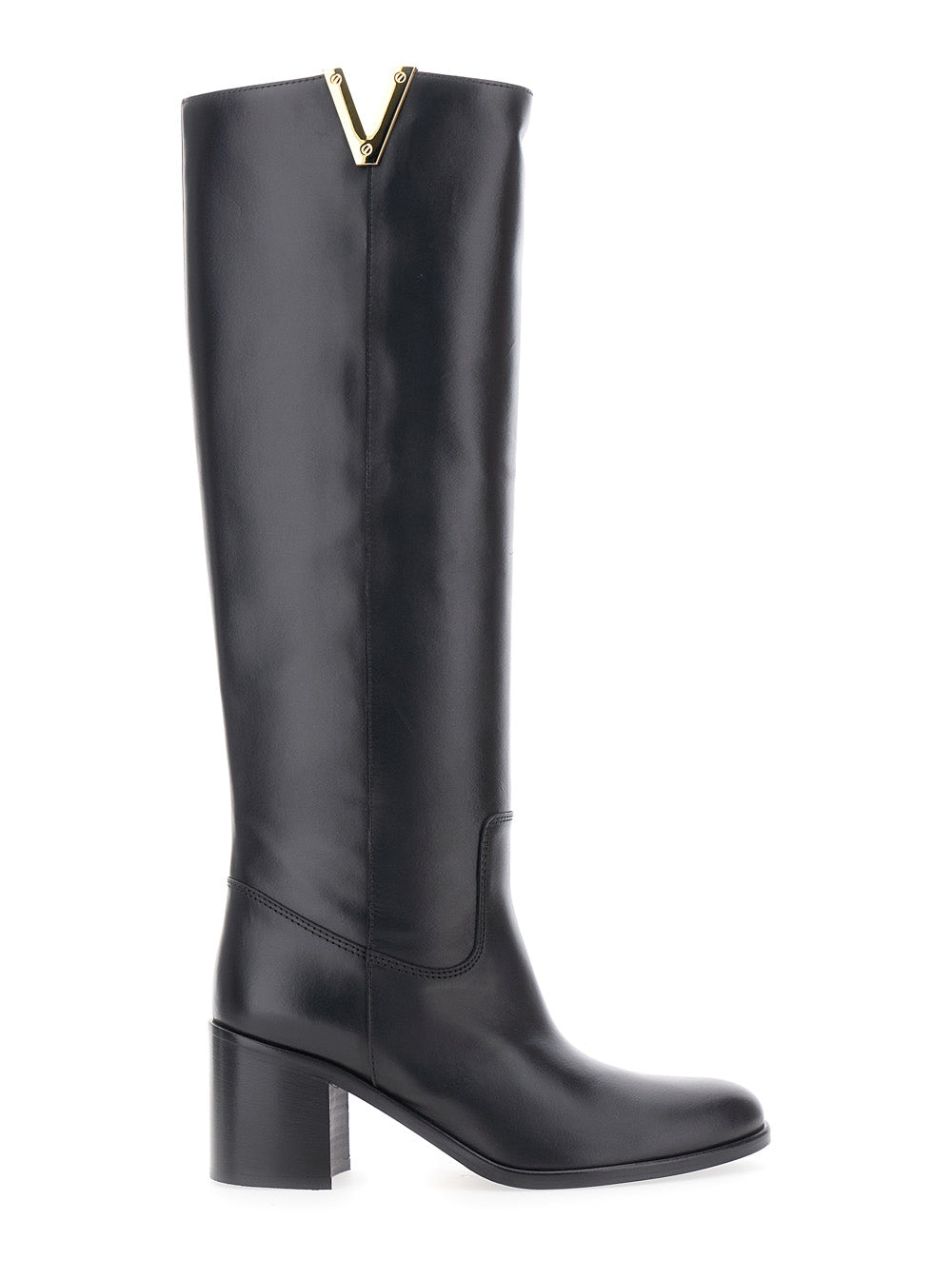 Black Knee-High Boots with Cut-Out on the Side and Logo Plaque in Leather Woman Cow