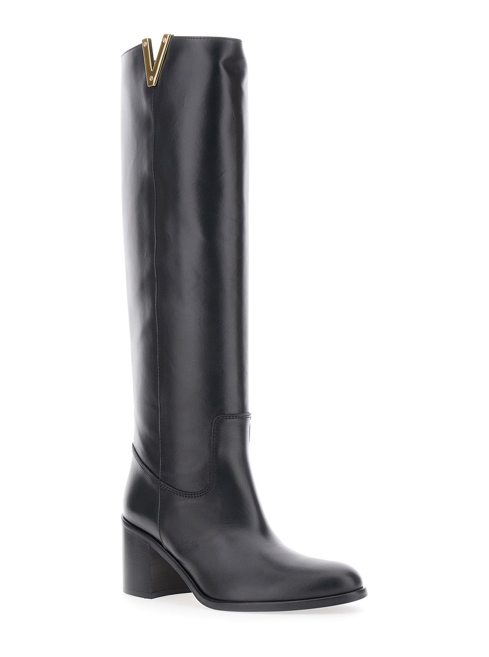 Black Knee-High Boots with Cut-Out on the Side and Logo Plaque in Leather Woman Cow