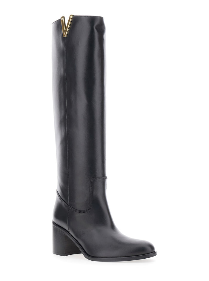 Black Knee-High Boots with Cut-Out on the Side and Logo Plaque in Leather Woman Cow