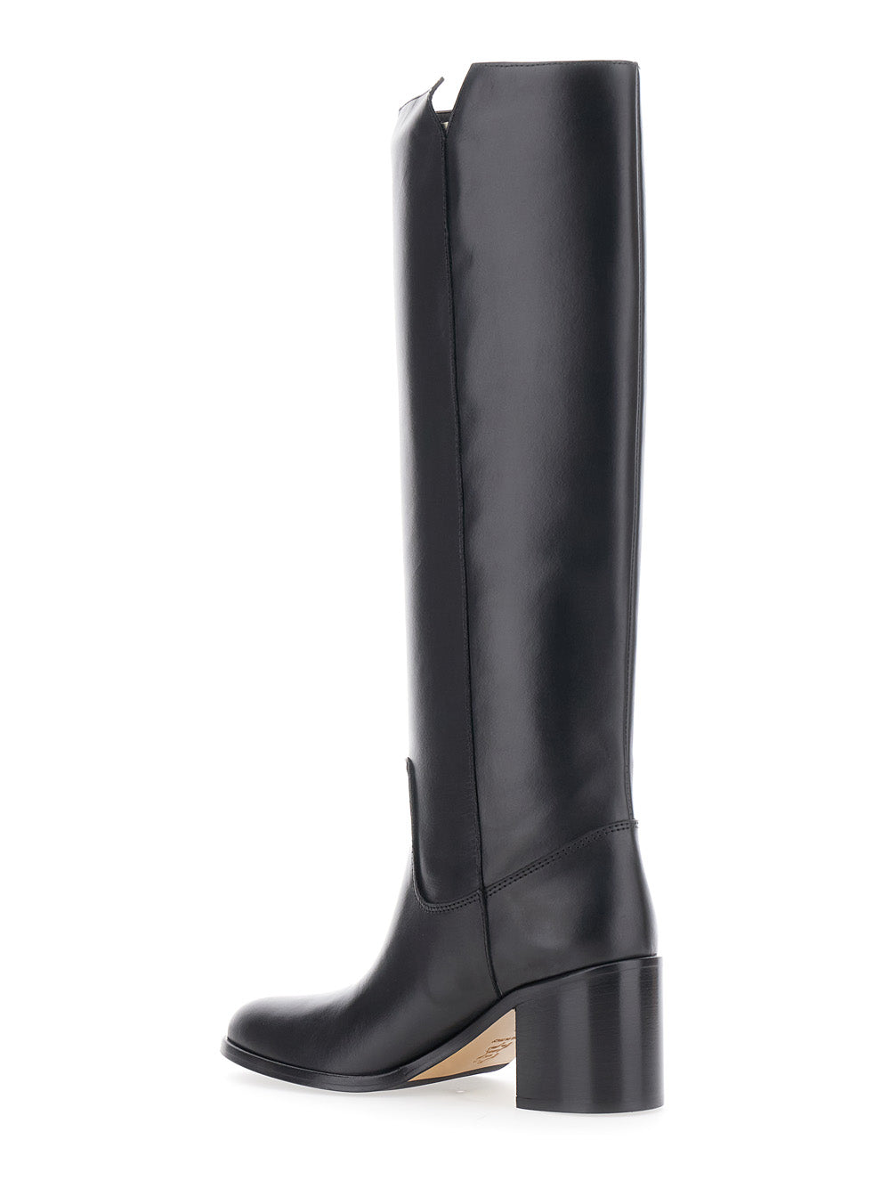Black Knee-High Boots with Cut-Out on the Side and Logo Plaque in Leather Woman Cow