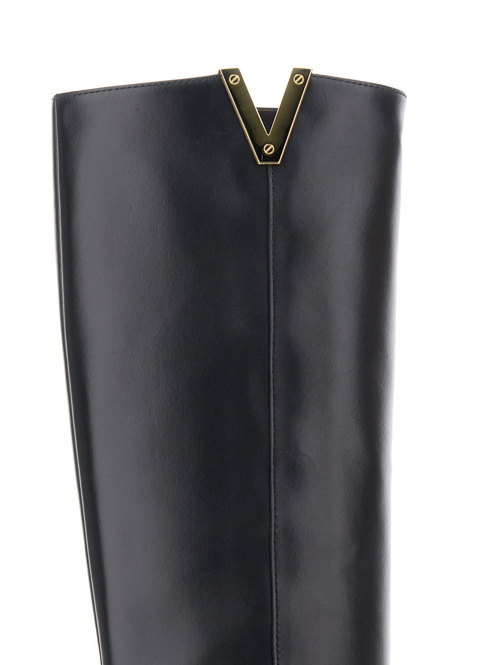 Black Knee-High Boots with Cut-Out on the Side and Logo Plaque in Leather Woman Cow