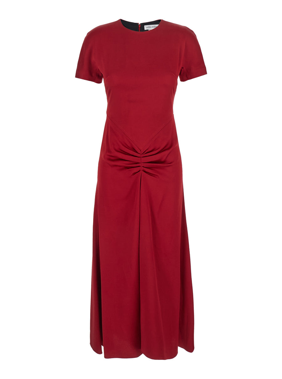 Red Midi Dress With Gathered Waist Acetate