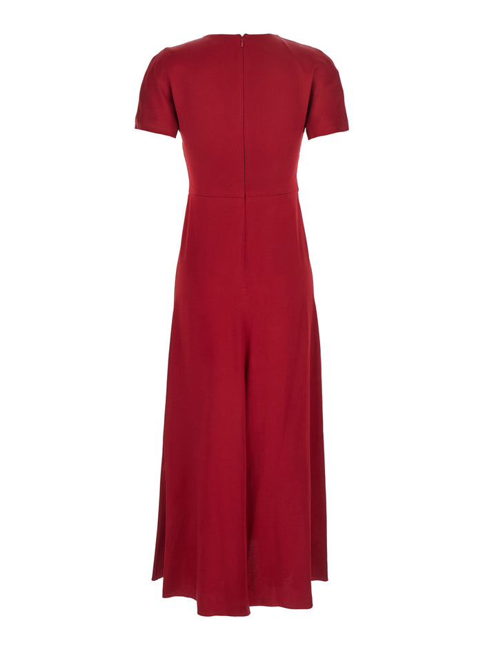 Red Crewneck Midi Dress with Gathered Waist and Rear Zip Closure in Viscose Blend Woman Acetate
