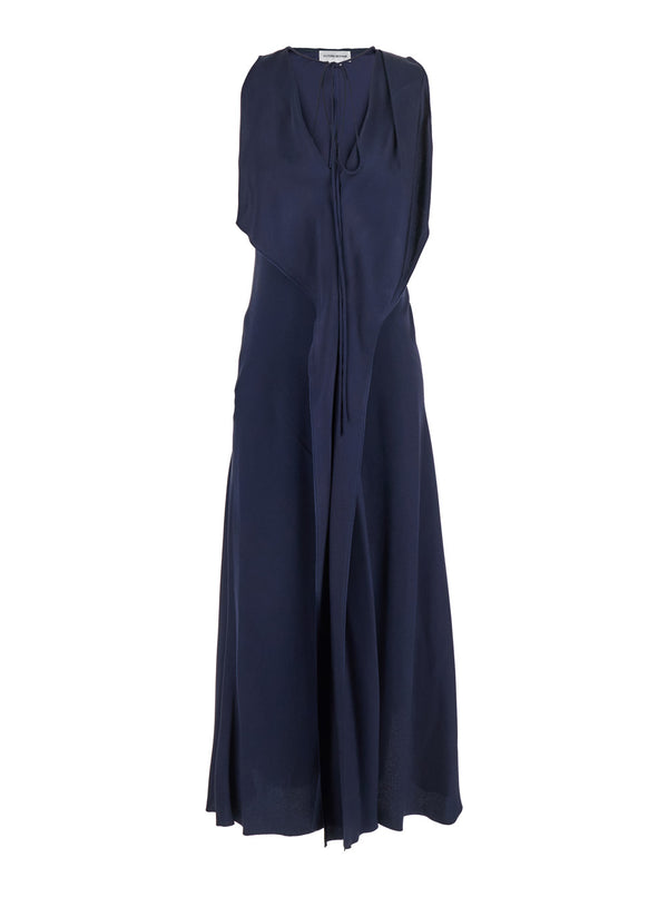 Blue Sleeveless Long Dress With V Neck Acetate