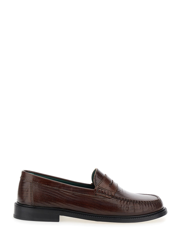 Brown Loafers With Embossed Lizard Effect And Almond Toe Leather Man