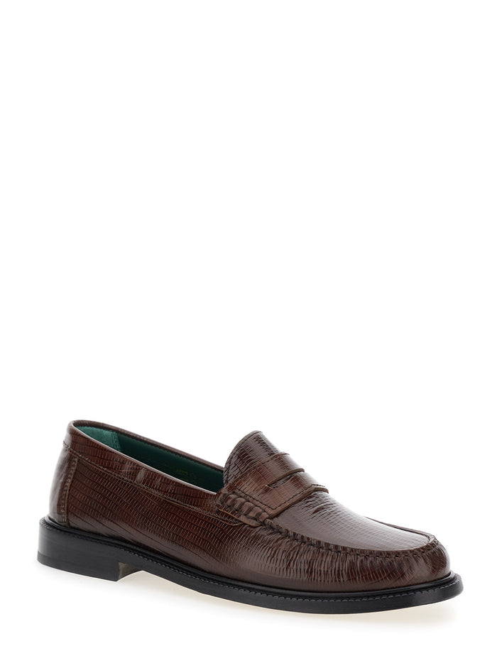 Brown Loafers With Embossed Lizard Effect And Almond Toe Leather Man