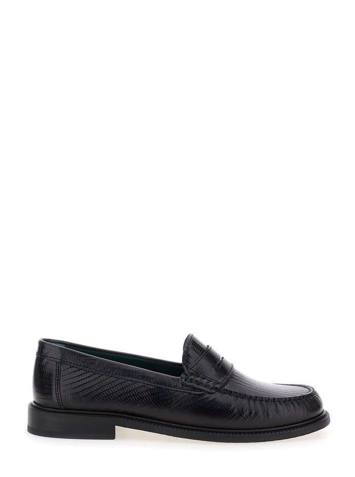 Black Loafers With Embossed Lizard Effect And Almond Toe Leather Man