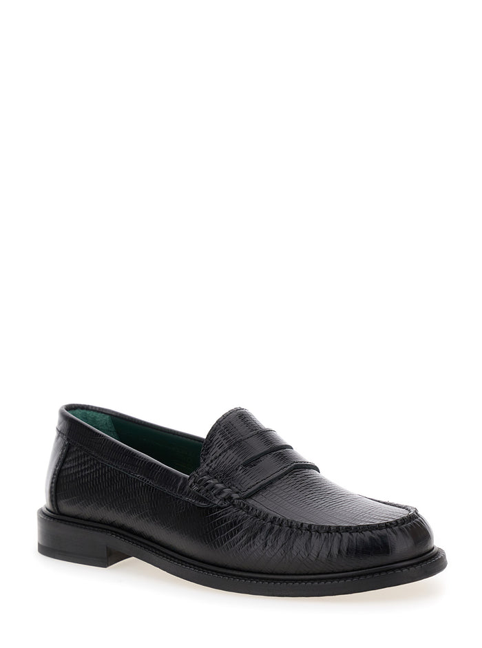 Black Loafers With Embossed Lizard Effect And Almond Toe Leather Man