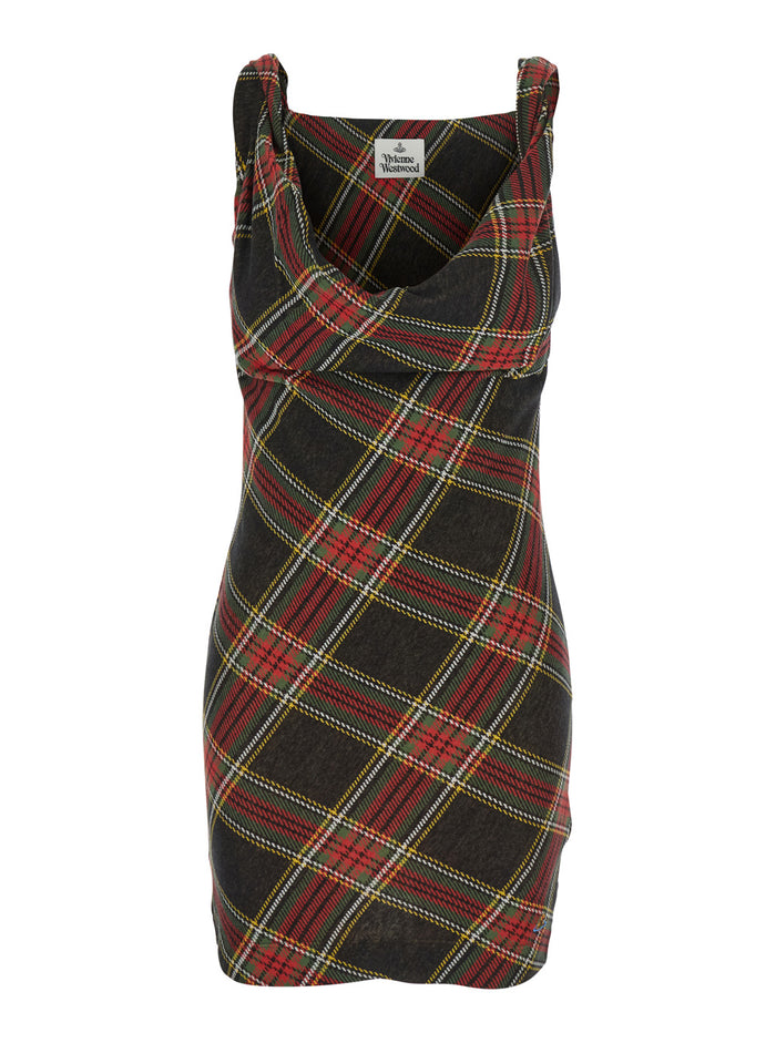 Anna Red Sleeveless Dress With Draped Neckline And All-Over Check Motif Cotton Woman