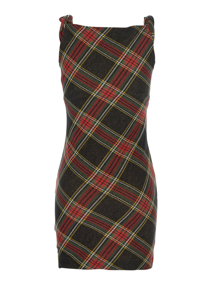 Anna Red Sleeveless Dress With Draped Neckline And All-Over Check Motif Cotton Woman