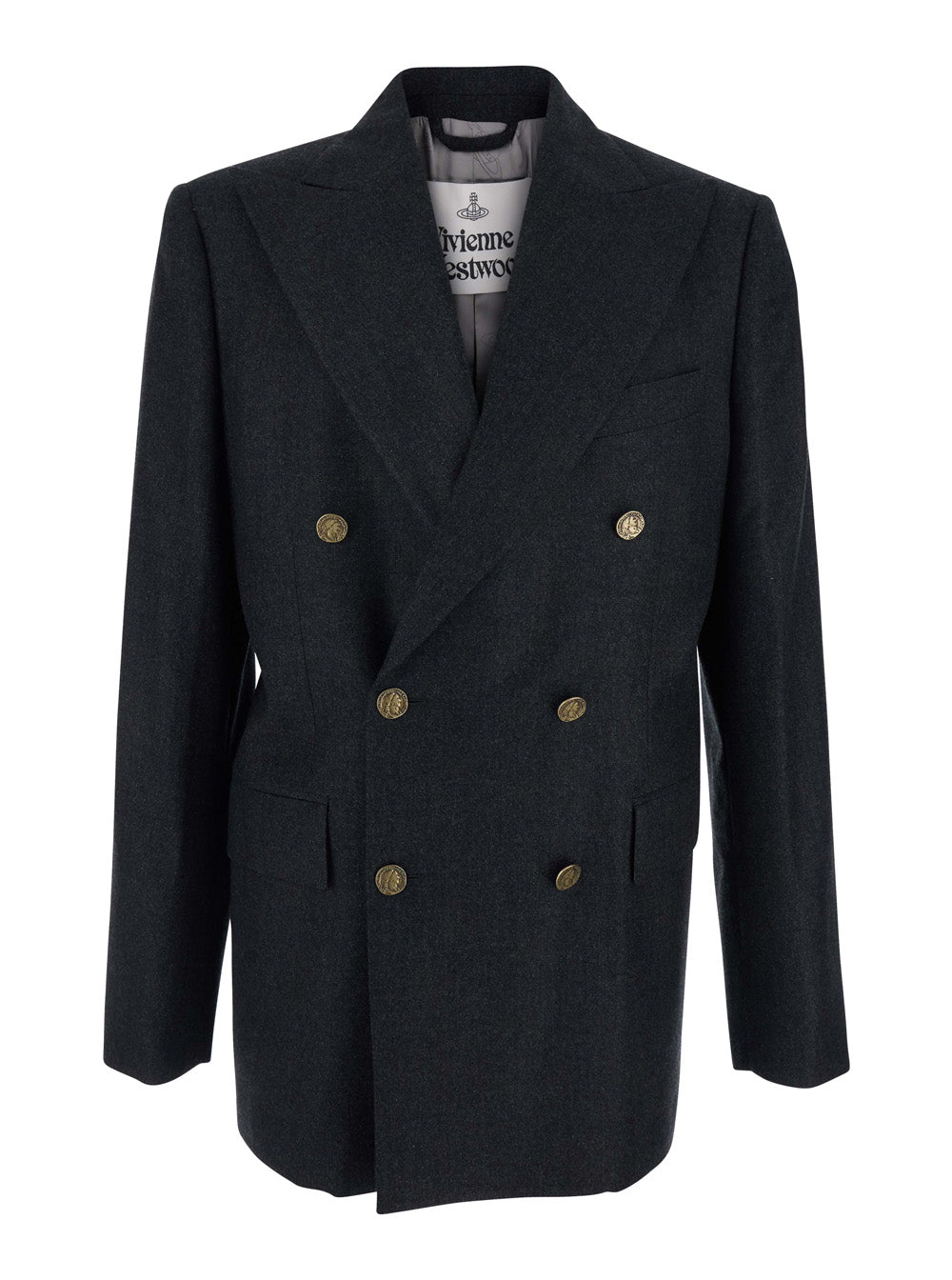 Grey Double-Breasted Jacket with Wide Peak Lapels in Wool Man Blazers