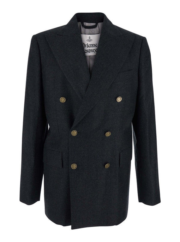 Grey Double-Breasted Wool Jacket Virgin Blazers