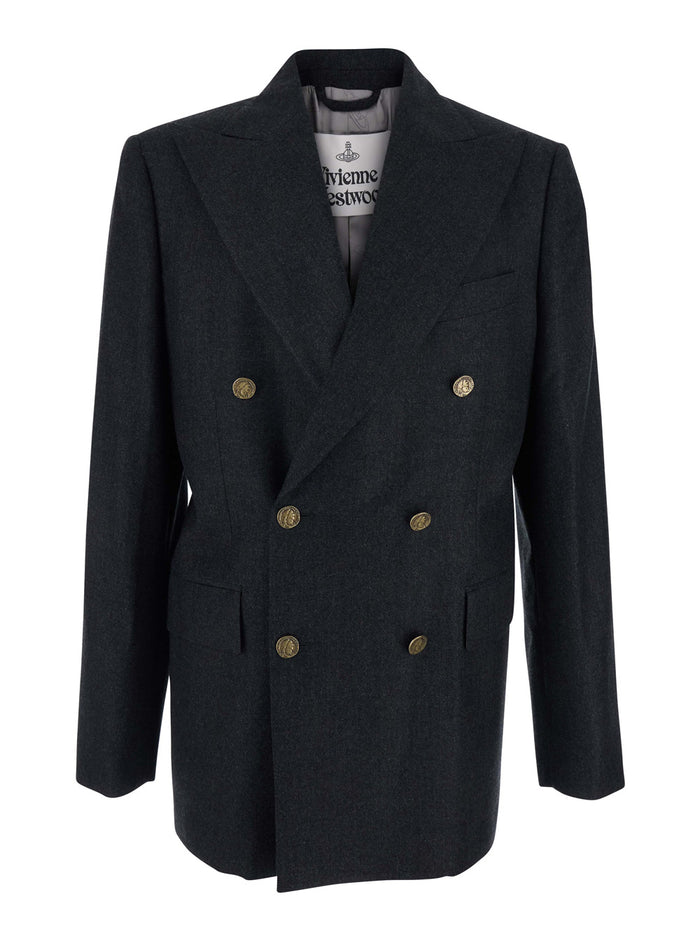 Grey Double-Breasted Jacket with Wide Peak Lapels in Wool Man Blazers
