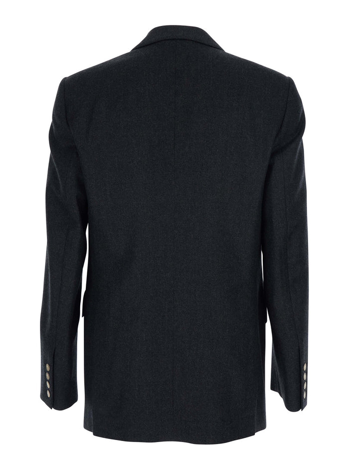 Grey Double-Breasted Jacket with Wide Peak Lapels in Wool Man Blazers