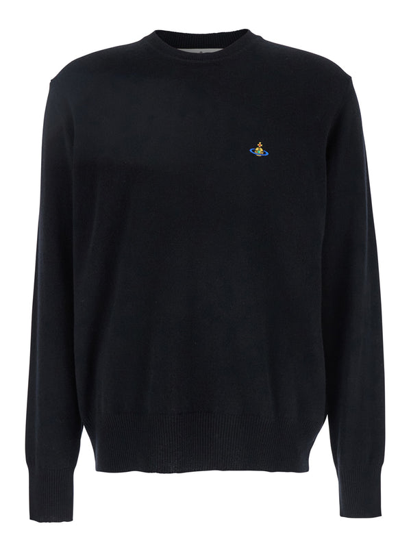 Black Crewneck Sweater With Orb Logo Detail Merino Wool Tops