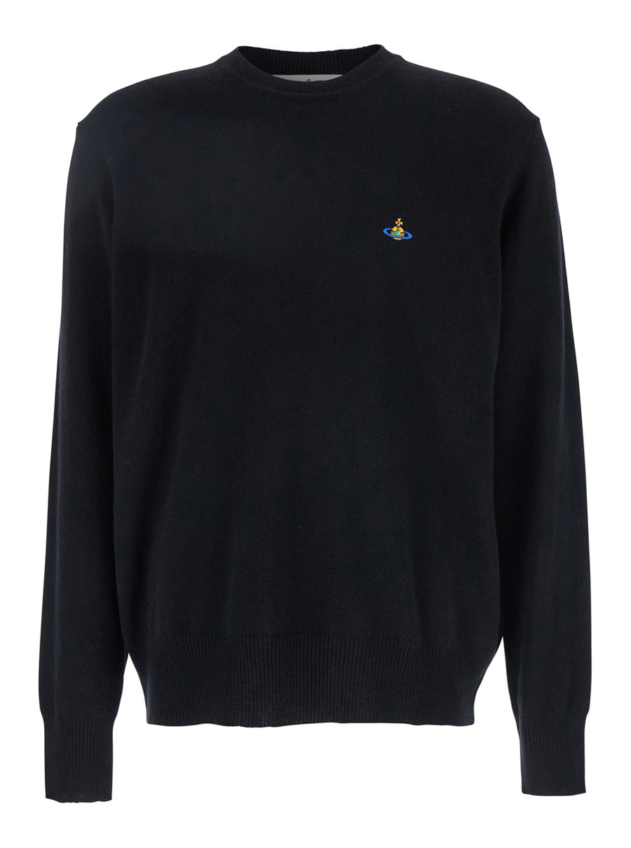 Black Crewneck Sweater With Orb Logo Detail Merino Wool Tops