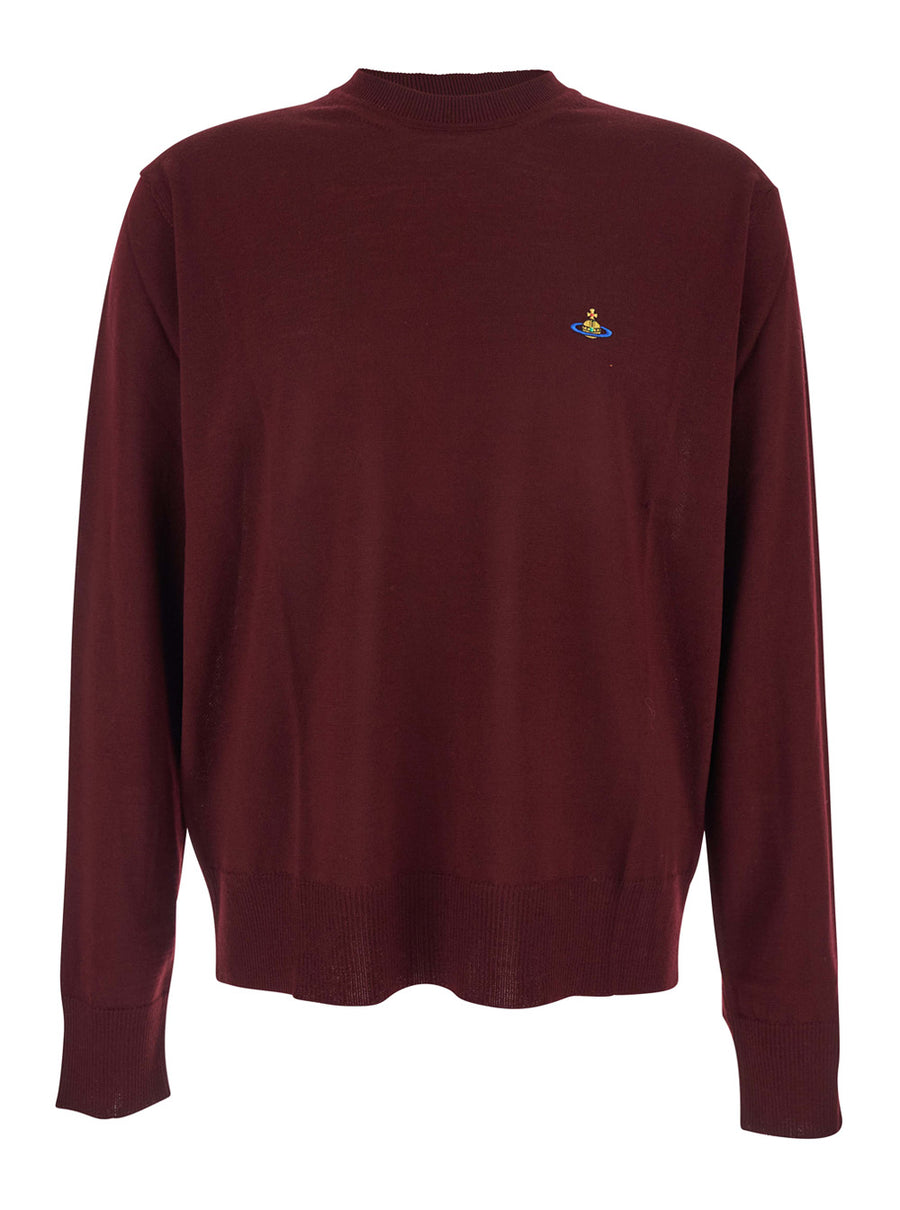 Bordeaux Crew Neck Sweater With Orb Logo Virgin Wool Tops