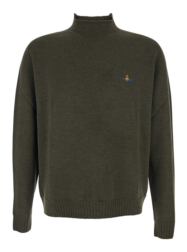 Green Crew Neck Sweater With Embroidered Logo Virgin Wool Tops