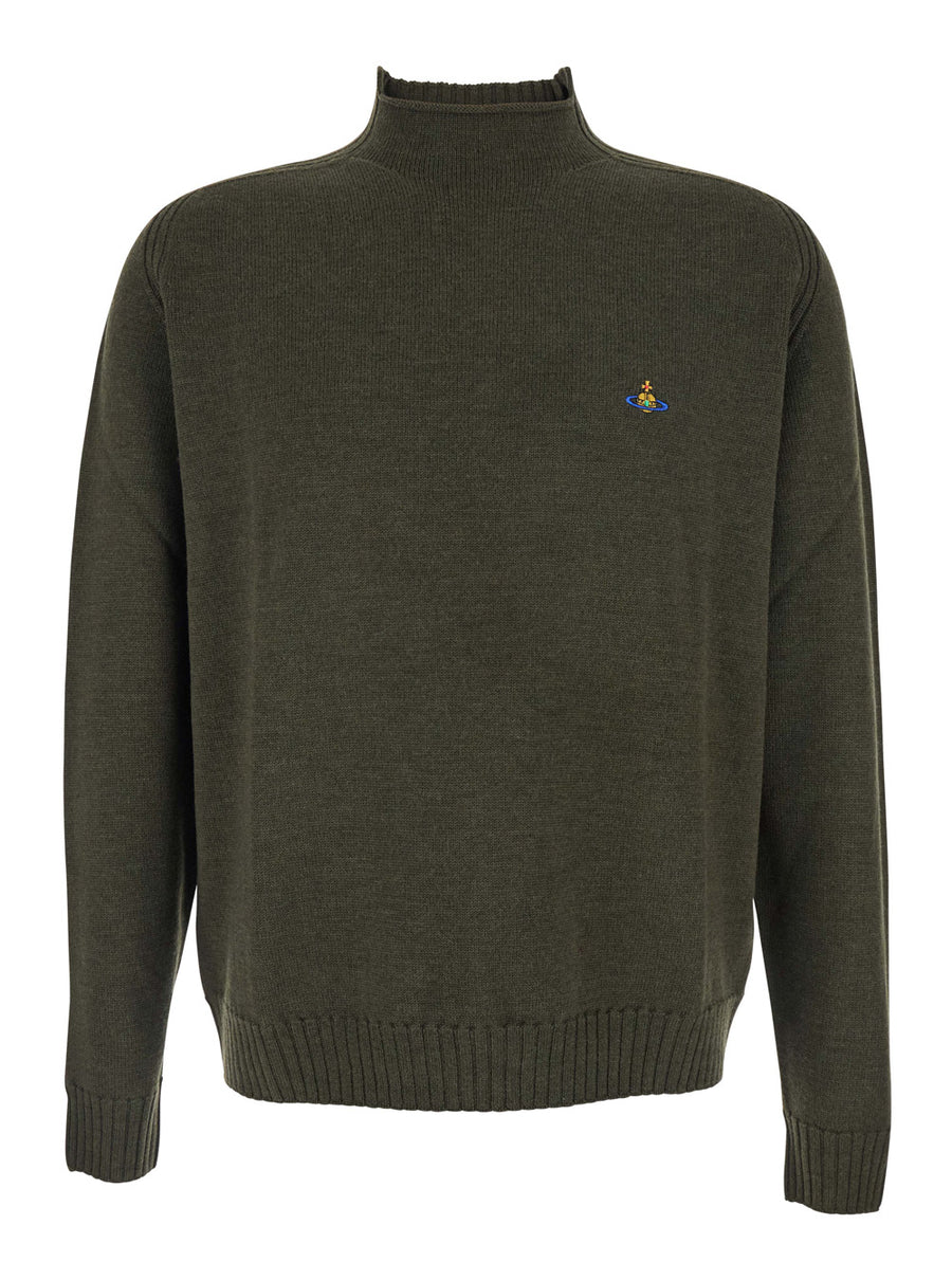 Green Crew Neck Sweater With Embroidered Logo Virgin Wool Tops