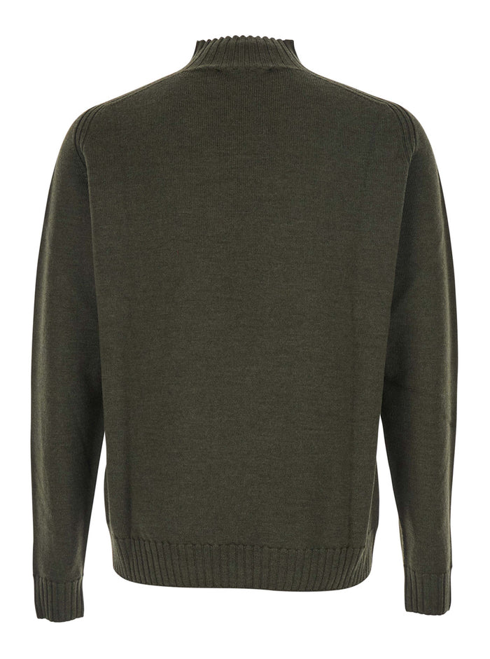 Green Crew Neck Sweater with Orb Logo Embroidered on the Front in Wool Blend Man Virgin Jersey